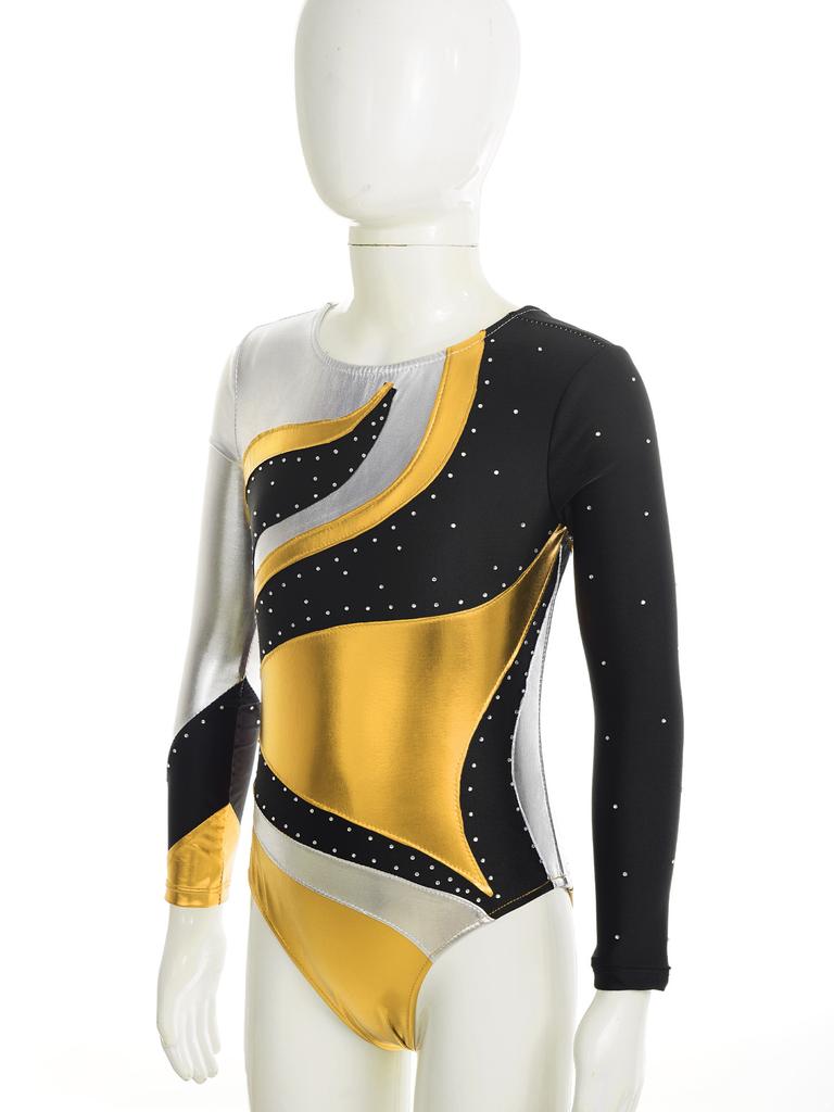 Dívčí taneční trikot s dlouhým rukávem a kontrastní bronzovou látkou s kamínky pro baletní nebo jazzová vystoupení