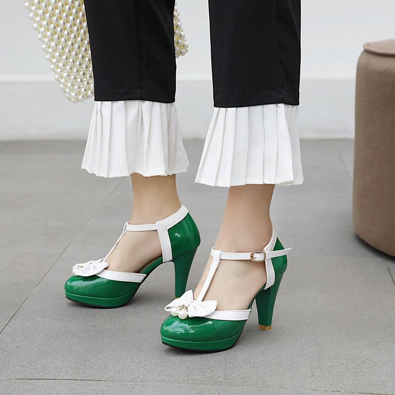 Plus Size32-46Girl Women High Heel Shoe Sandals Round Toe Heel Pumps Women Platform Pumps Pearl Bow Party Wedding Shoes T Strap
