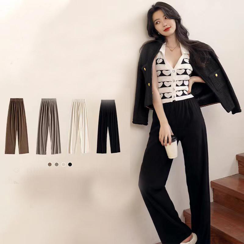 Women's Solid Elastic Waist Corduroy Wide Leg Pants Casual Sports Long Plush Trousers