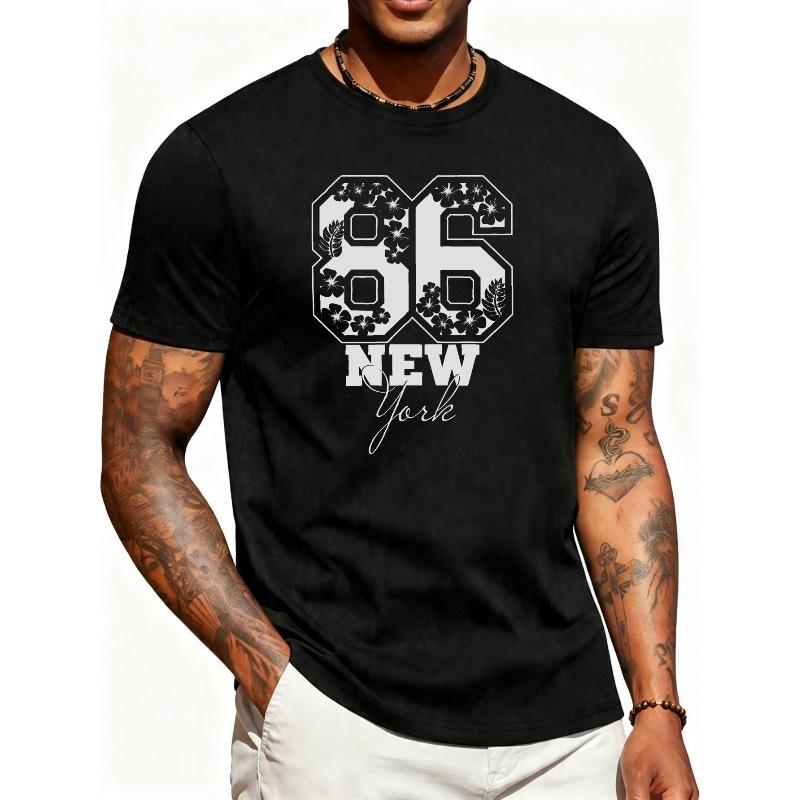 European Size Casual Streetwear Style Men'S T-Shirt with 86 New York Floral Design Summer And Spring Wear for Trendy Men Gifts for Friends And Family