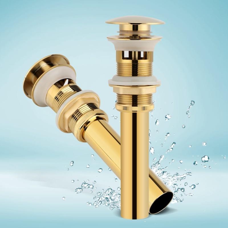Kitchen Bathroom Basin Sink Solid Brass Pop Up Drain Stopper With Overflow Hole Golden