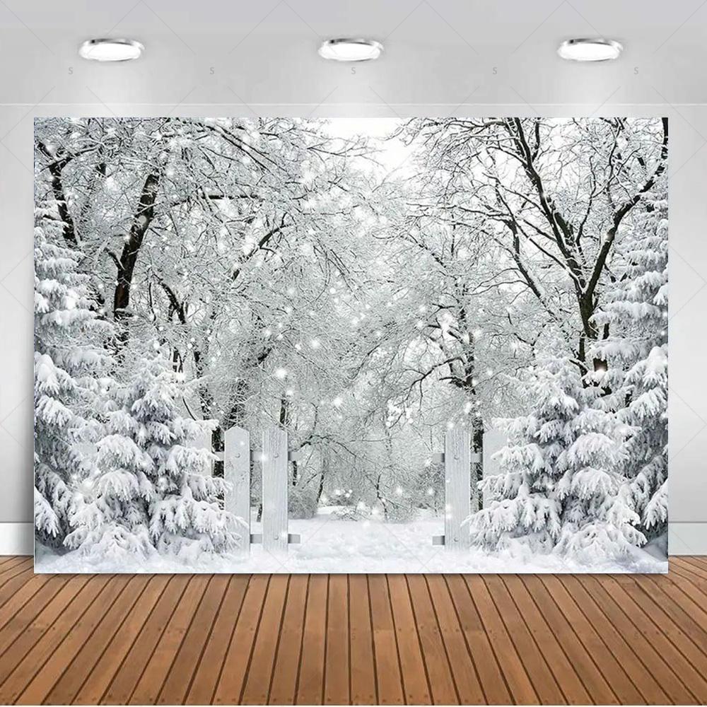 Paesaggio Invernale Scena di Neve Foresta Bianca Sfondo Fotografico Forniture Decorazioni Festa di Natale Striscione di Sfondo Oggetto di Scena per Foto