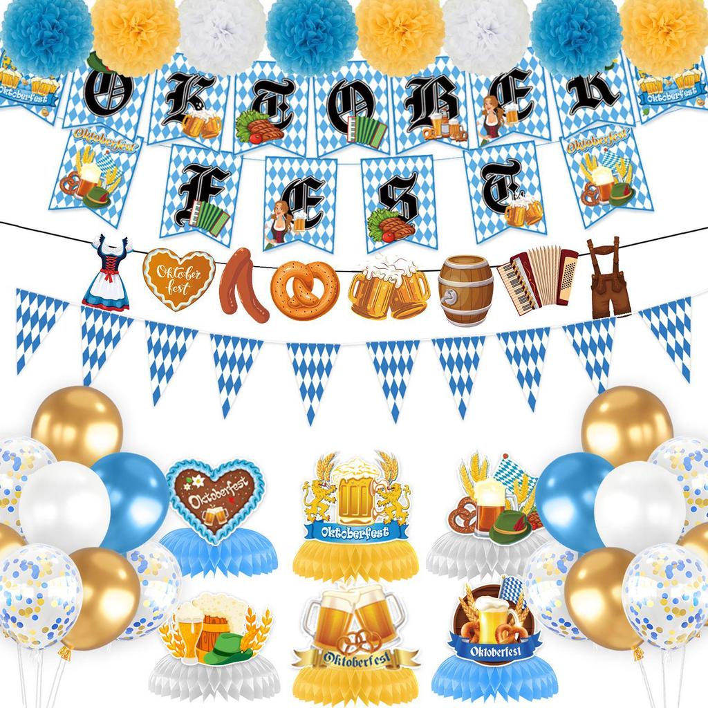 Oktoberfest Party Supplies: Beer Festival Banners, Balloons, Cake Toppers, and Flags.