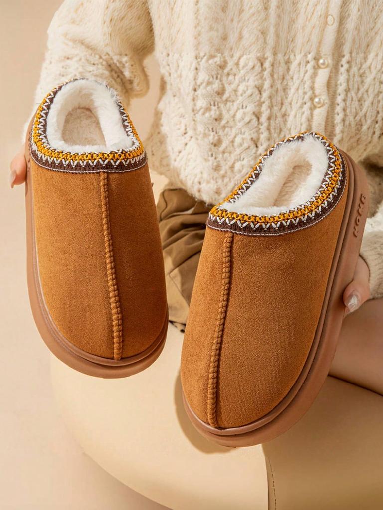 Fashion Winter Woman Slippers Plush Interior Anti Slip Sole Thick Bottom Embroider Fashion Warm Slippers Use Indoor Outdoor