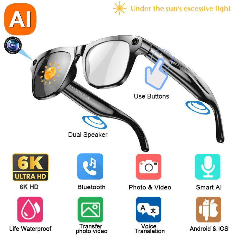 6K HD AI Camera Glasses 800MP Photochromic Multifunctional Smart Glasses Bluetooth Calling Photo Video ChatGPT Music Translation