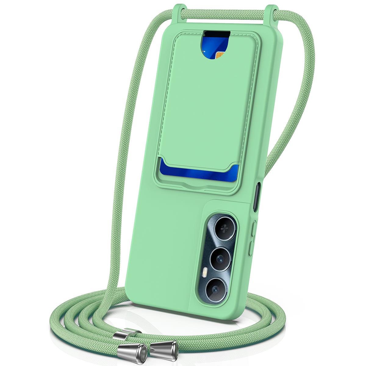 

For Realme C65 4G Case Liquid Silicone Card Holder Back Phone Cover with Lanyard Green