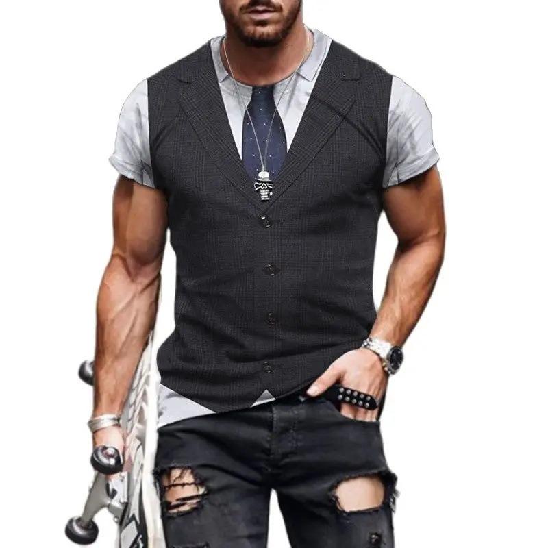 

Летние мужские футболки с круглым вырезом, поддельные, из двух частей, повседневные, свободного кроя, подходят для активного отдыха, универсальные, трендовые футболки L