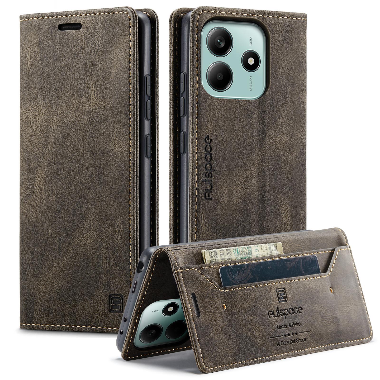 

For Xiaomi Redmi Note 14 5G Wallet Case AUTSPACE A01 Leather Stand Cover with RFID Blocking Card Holder Coffee