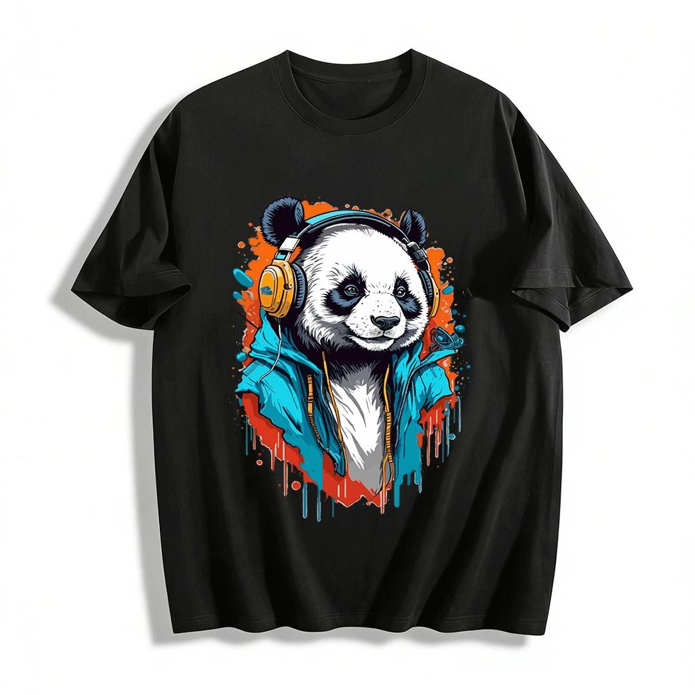 

Street Style Headphone Panda Print Casual Loose Fit Top Pure cotton T-shirt XXS