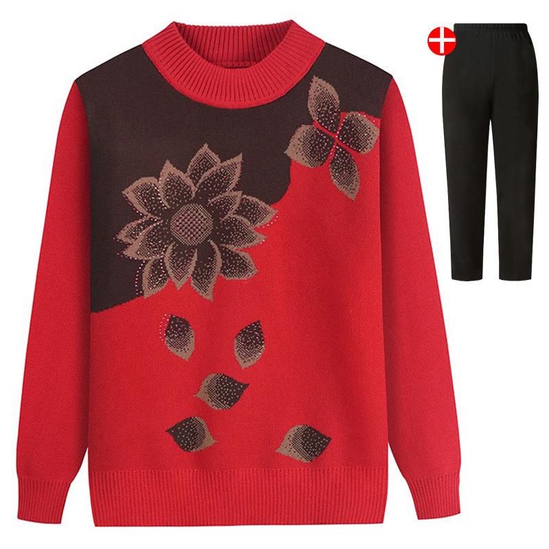 Plus Size Knitted Sweater for Women: Thickened Velvet Autumn and Winter Coat for Middle-Aged & Elderly