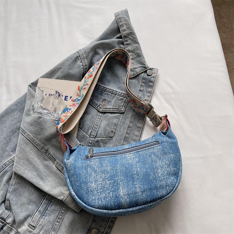 Denim Moon Bag with Colorful Strap Women's Crossbody Bag Fashionable Shoulder Bag Casual Daily Use Design