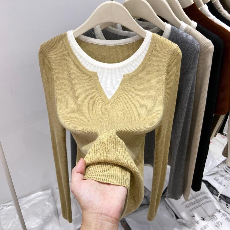 European fake two V-neck sweater women's 2025 spring Korean version contrasting color splicing inner top long-sleeved knitted base