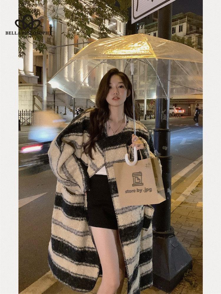 Mode Lose Elegante Gestreifte Schafe Lockige Jacke Frau Mode Herbst Winter Warm Lose Langen Mantel