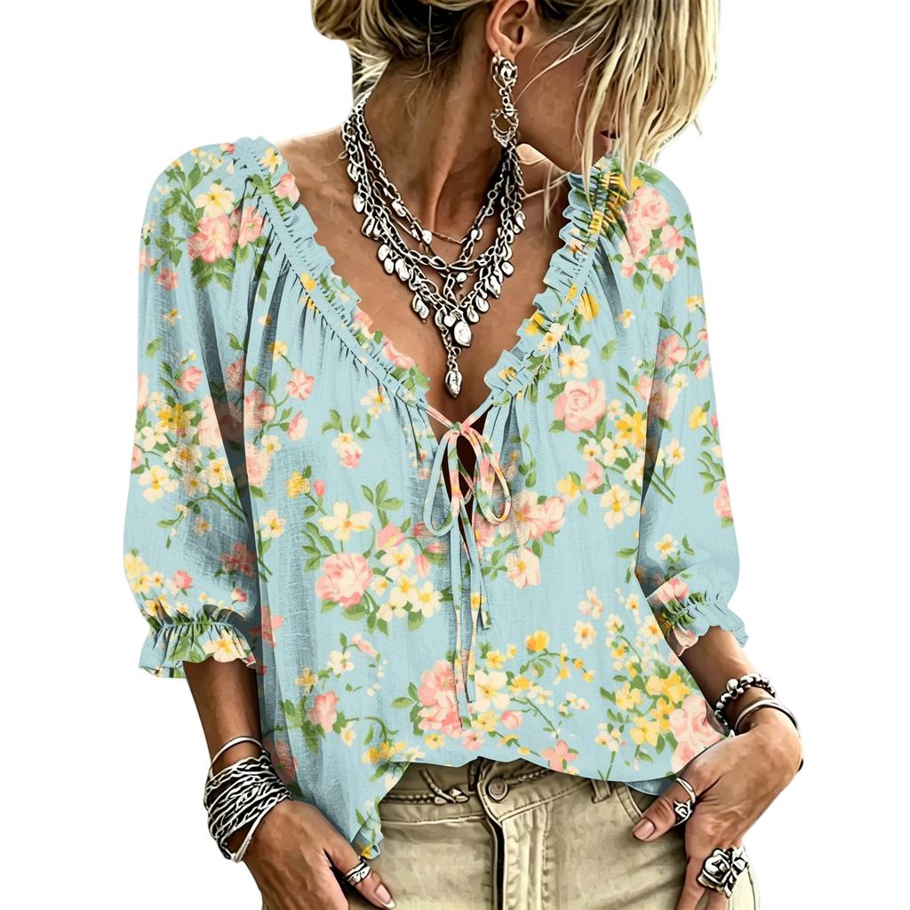 Women's Casual V-Neck Ruffle Tie Printed Blouse