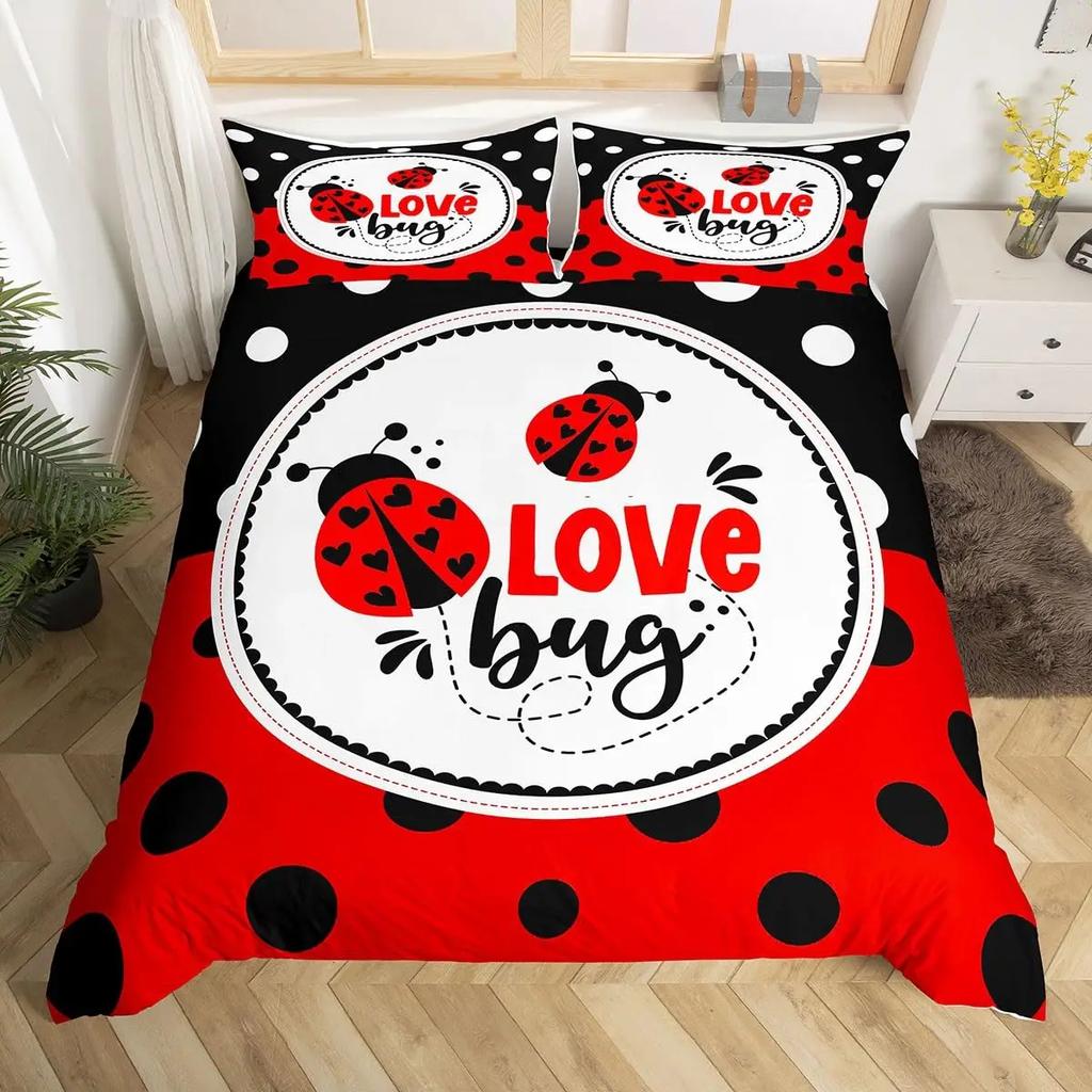 Ladybug Duvet Cover Set Cute Bug Bedding Set Twin Size for Kids Boys Bedroom Red Floral and Insect Adults Queen Duvet Cover Sets