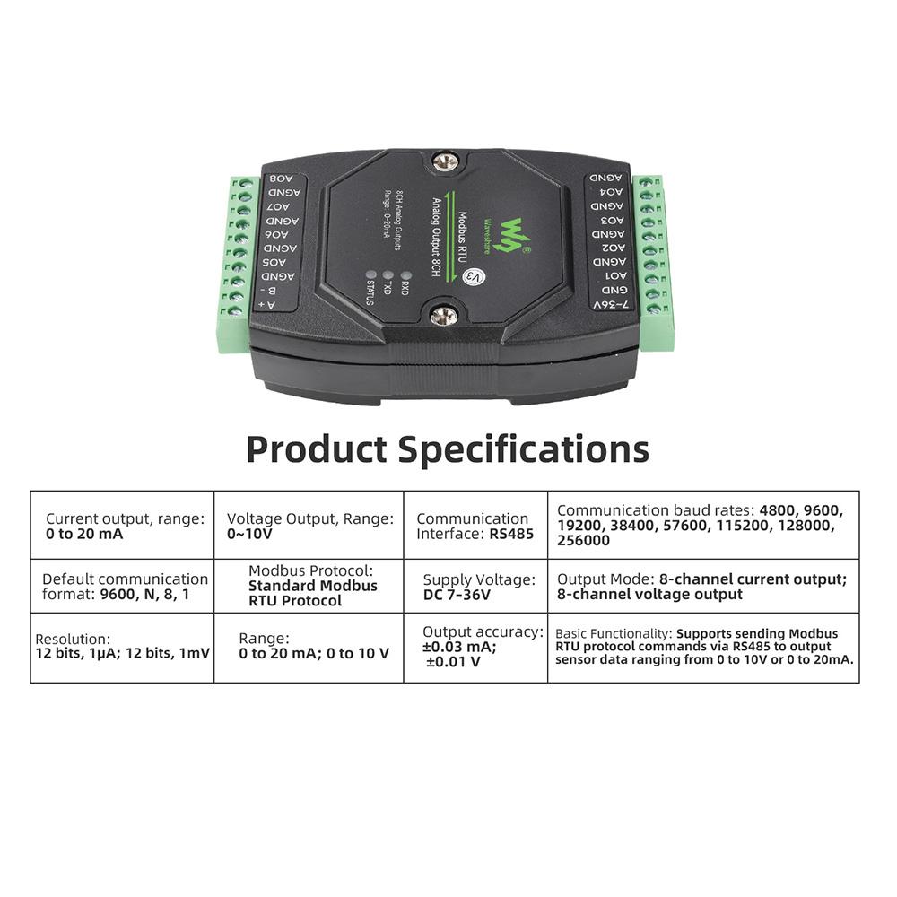 Industrial 8-Channel Analog Output Module 12-bit DA Converter DC 7-36V Wide Voltage Isolation Modbus RTU Current/Voltage