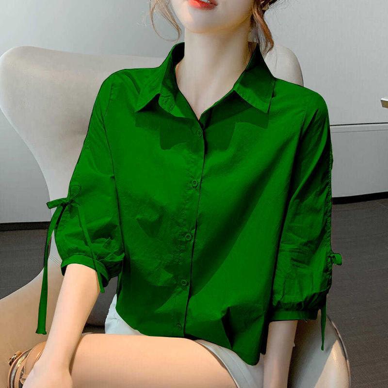 Cotton Solid Color Shirt for Women Summer Loose and Breathable Top Lantern Sleeve Shirt