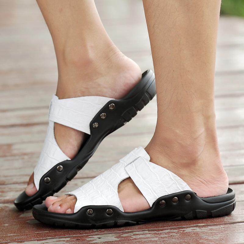 

Модные летние пляжные сандалии больших размеров с тисненым крокодиловым узором, кожаная поверхность, мужские шлепанцы на плоской подошве, повседневная обувь с ремешком 38 белый