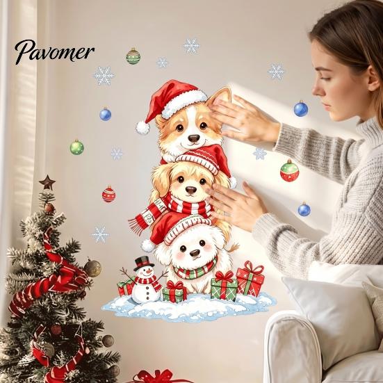 Watercolor Puppy Wall Stickers Christmas Decals, Stacked Dogs Stickers, Self‑Adhesive PVC Xmas Holiday Party Decorations for Bedroom Living