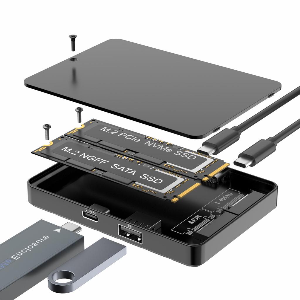 Dual Bays M2 NVME SATA SSD Enclouse 10Gbps Dual Protocol M.2 NVMe SATA SSD Case USB3.2 Solid State Docking Station M.2 Hard Disk Box Adapter for PC