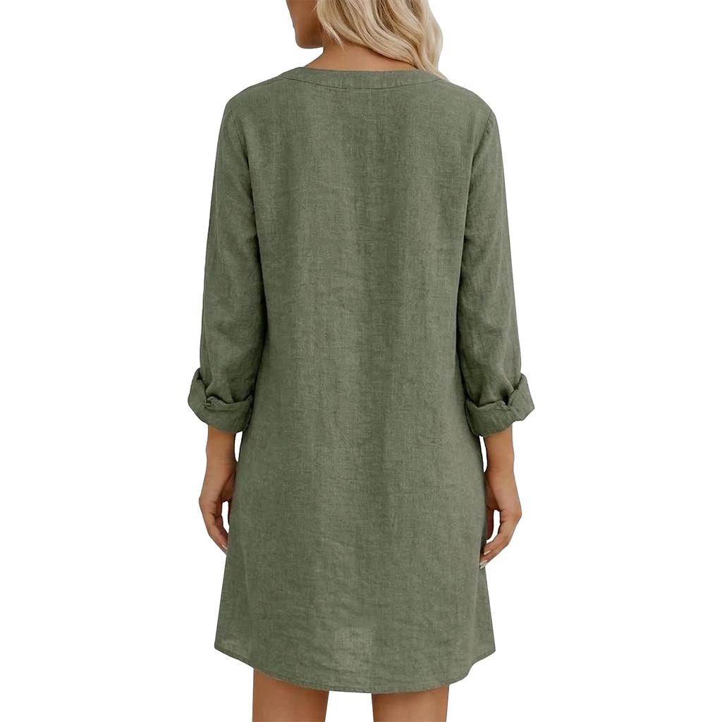 Women Loose Fit Stand Collar Button Down Linen Cotton Dress Long Sleeve Casual Tunic Shirt Dress with Pockets for Everyday Wear