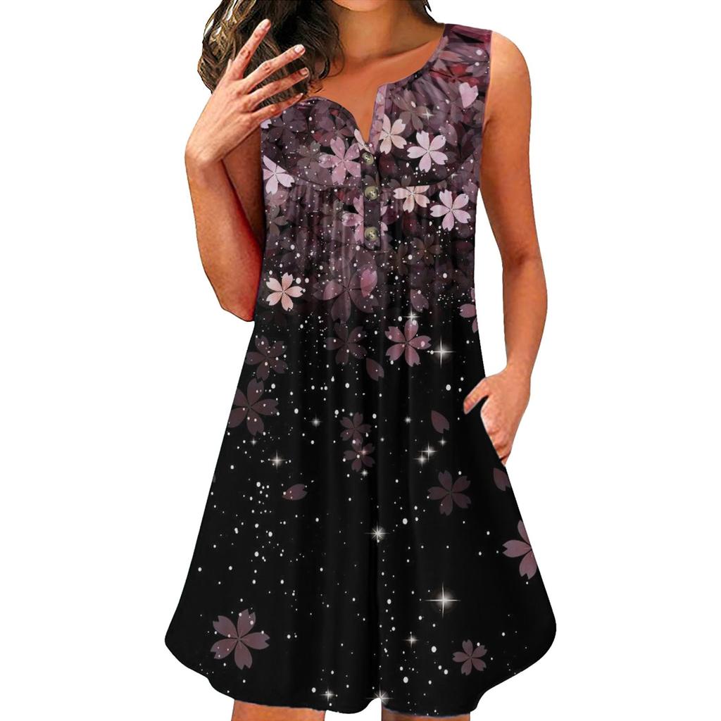 Fashion Women V-neck Printing Sleeveless Tunic Dresses Plus Size T-shirt Dress