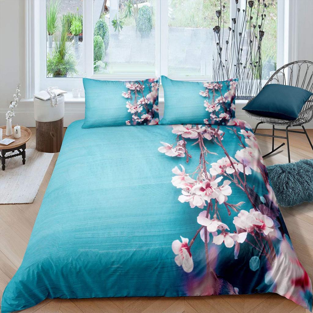 Pink Cherry Blossom King Queen Bedding Set Spring Flora Duvet Cover Japanese Flowers Quilt Cover Soft Polyester Comforter Cover