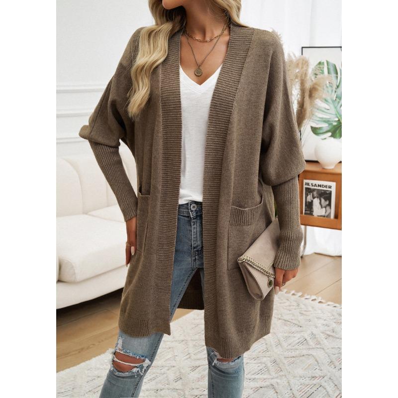 Women Bat Sleeve Cardigan Solid Color Knit Sweater Cardigan Coat
