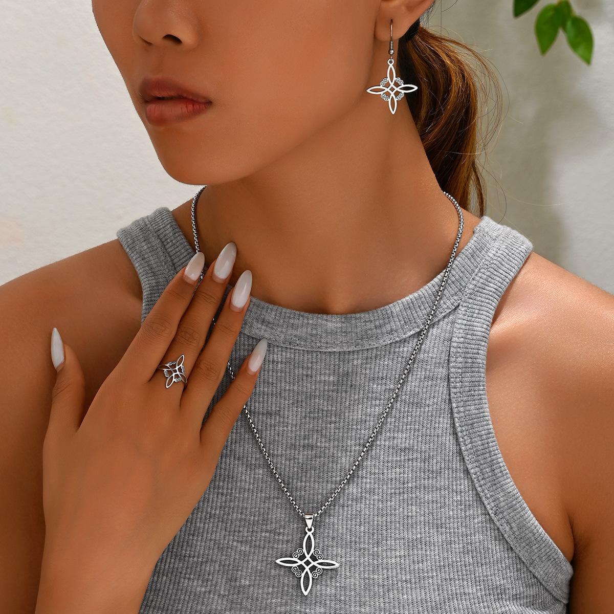 

European and American Hip Hop Style Women s Jewelry Suit Personalized Index Finger Ring Design Earring Ring Niche Long Necklace Ornament XL5434.