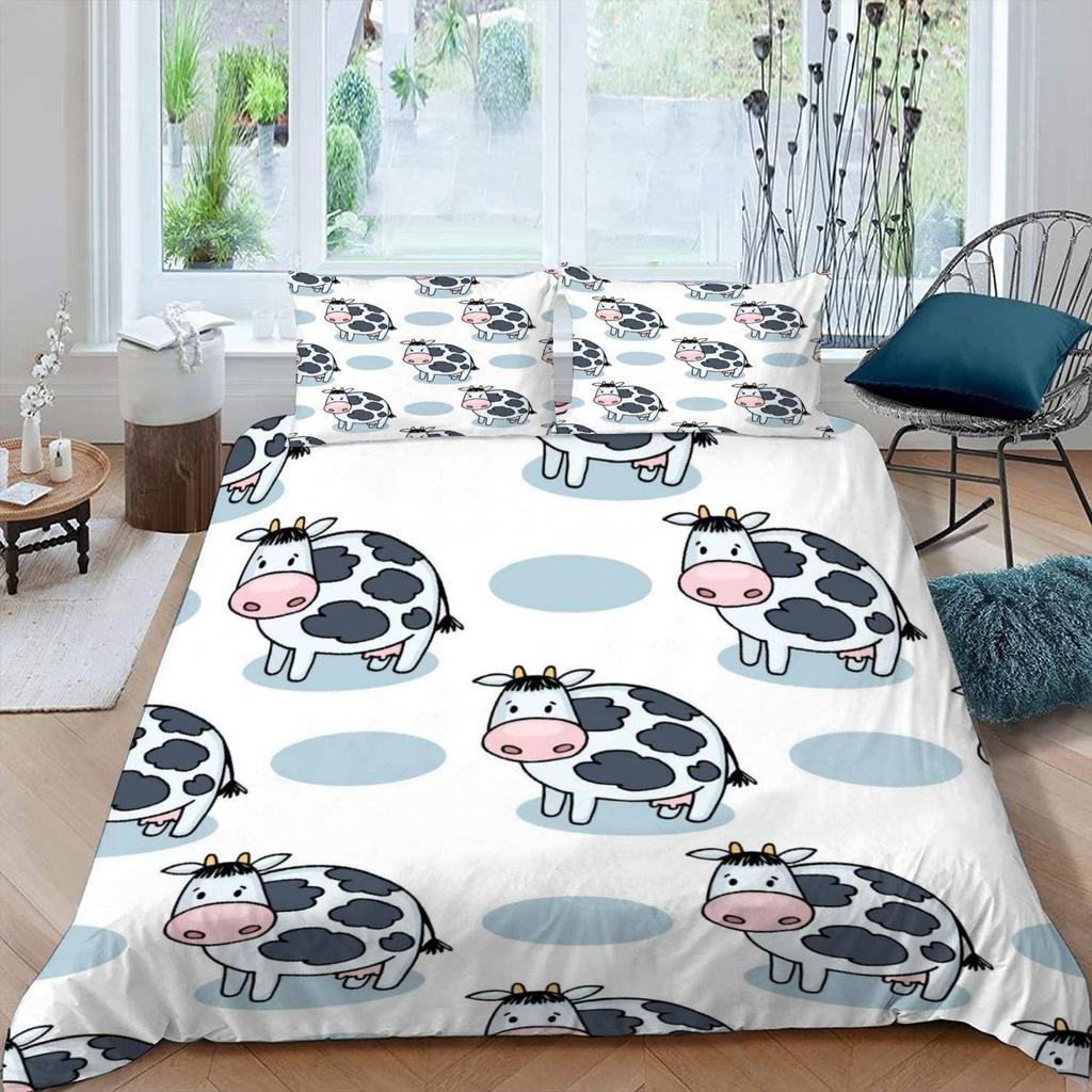Cute Cows Duvet Cover Set Kawaii Farm Animal Bedding Set Microfiber Floral Comforter Cover Twin King For Kids Boys Girls Decor