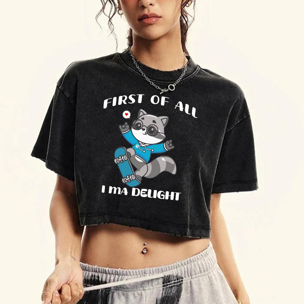 Raccoons Enjoy Skateboarding Prints Women Washed Tops Fashion T-Shirt O-Neck Tee Shirts Soft Fitness Clothes Female