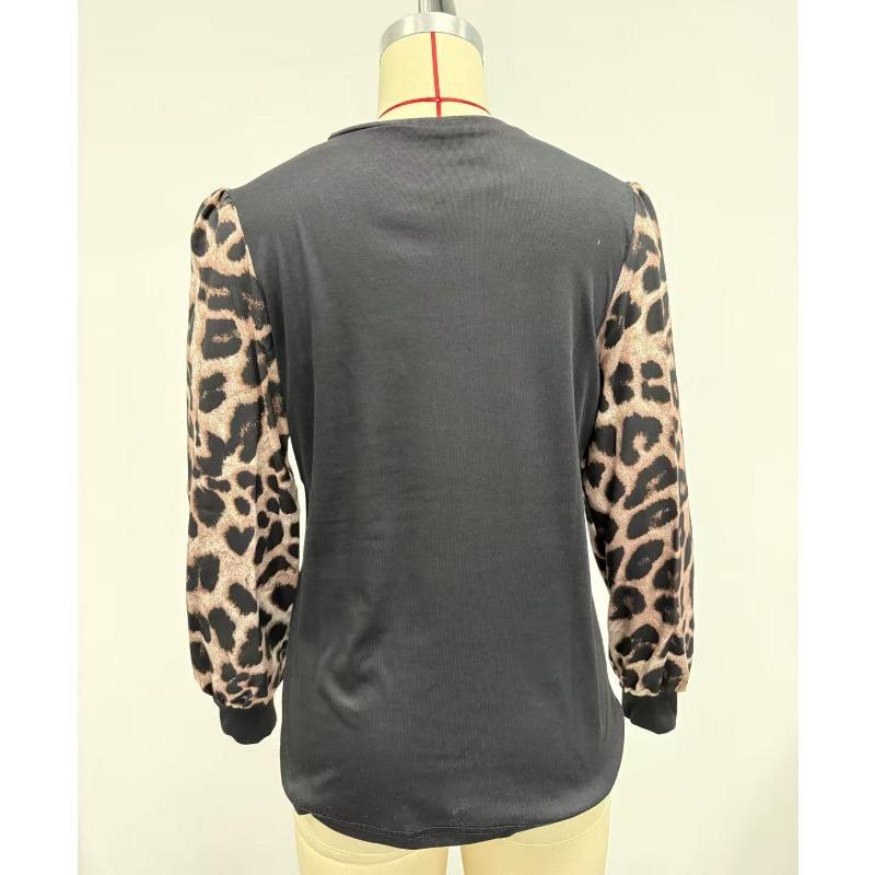 Women S Long Sleeve Crew Neck Leopard Print Loose Fit T Shirt