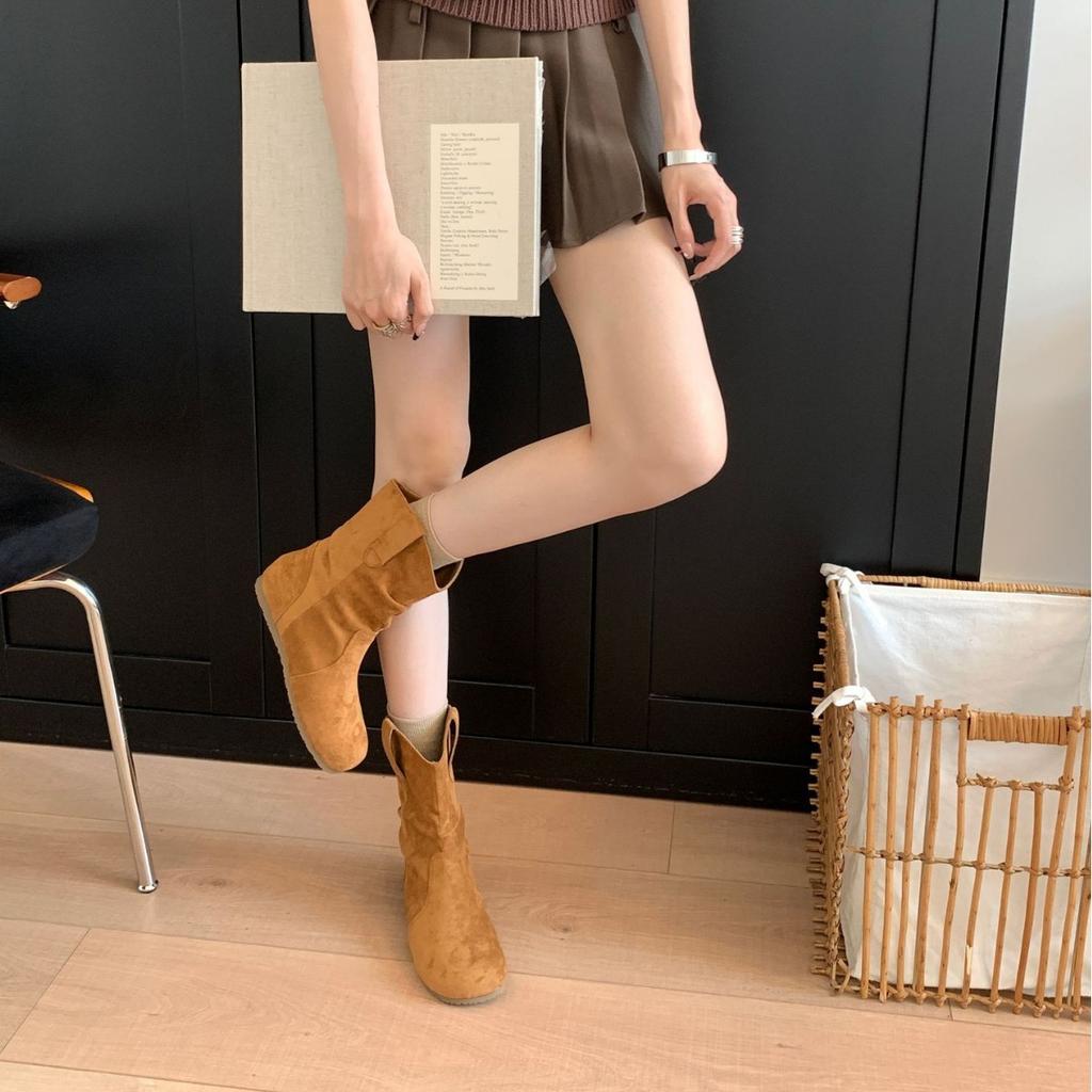 2025 New European and American Autumn and Winter Heightening Flat-bottomed Suede Low Tube Thin Martin Short Boots Fashion Women's Short Boots