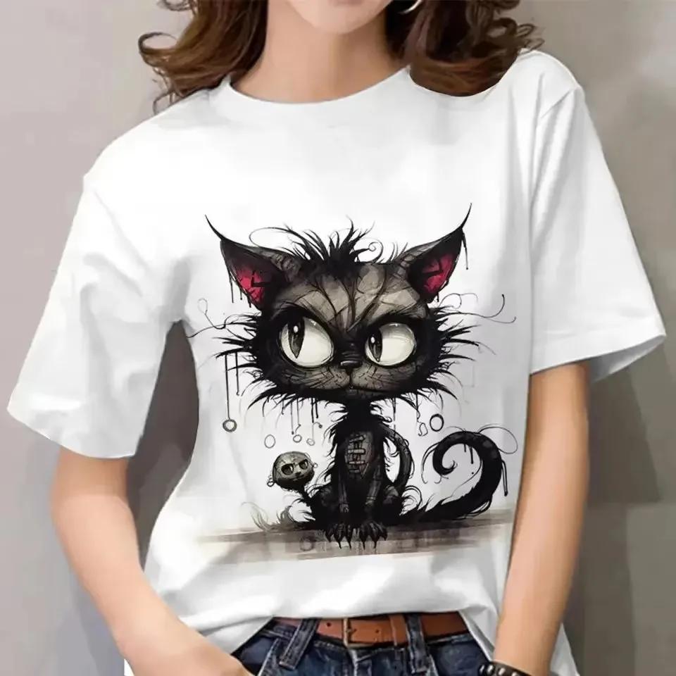 Funny Cat T Shirt Women Angry Cat Print Short Sleeve Tops Casual Pullover Street Y2k Tshirt Female