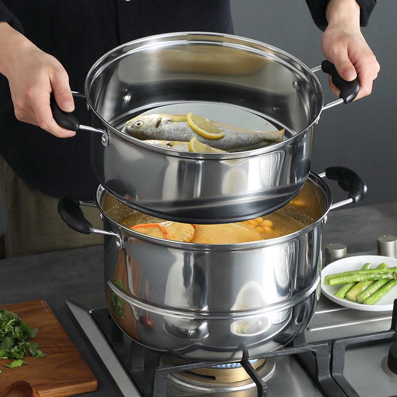 Pentola a vapore a doppio strato in acciaio inossidabile ispessito per panini e mantou, 2-3 strati, dimensioni grandi, compatibile con piani cottura a induzione