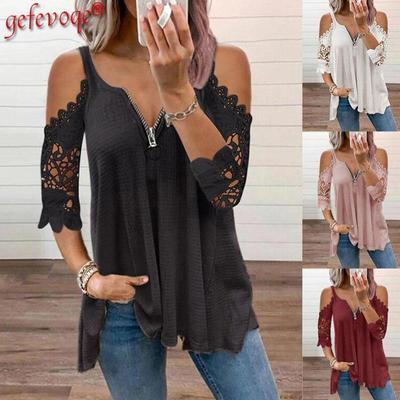 Sommer Sexy Plus Size Spitze T-Shirt Damenbekleidung Tunika Lässig Elegant Halbarm Tops V-Ausschnitt Reißverschluss Schulterfrei Übergroße T-Shirts