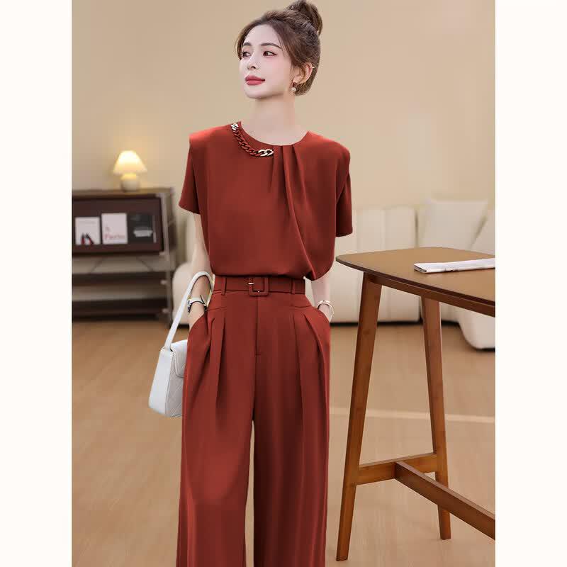 D.F.DEAR Elegant Round Neck Short Sleeve Wide-Leg Pants Set