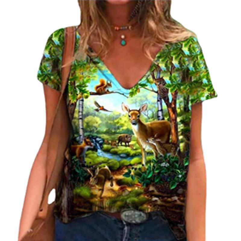 Women Girls Summer Fashion Casual Pullover Tops V-Neck Short Sleeves Print T Shirt