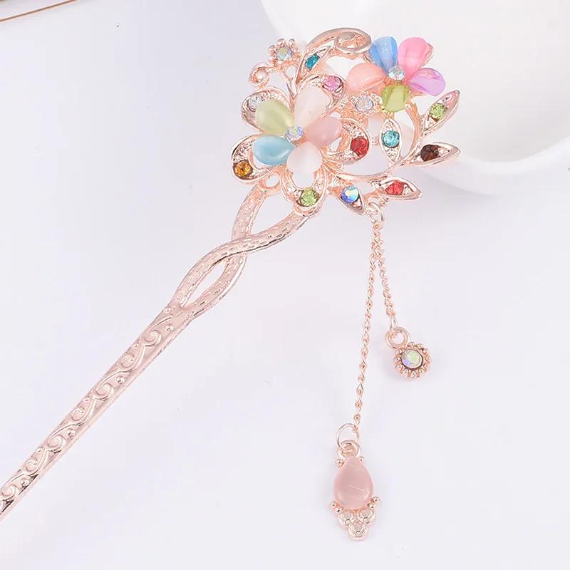 Fashion Metal Chinese Style Hair Stick Flower Rhinestone Hair Chopsticks Hairpin Cat Eye Stone Clip Women Hair Accessories
