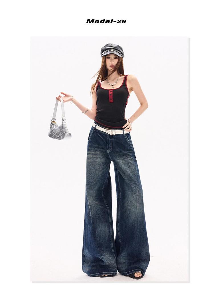 Women's Retro Tie-Dye Wide-Leg Denim Jeans with Dark Blue Bamboo Texture