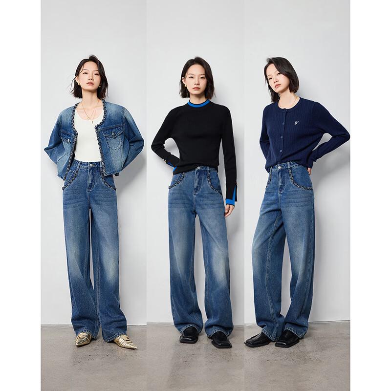 Chuyu Woven Trim Straight Wide-Leg Jeans for Women