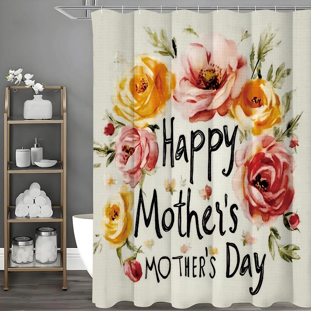 Happy Mother'S Day Floral Shower Curtain, Bathroom Decorative Shower Curtain, Waterproof Shower Curtain With Hooks