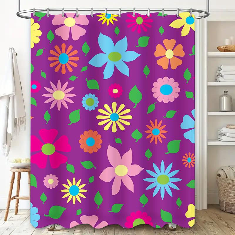 Colorful Floral Shower Curtain with Hook Set Bath Decor Printed Fabric Waterproof Home Accessories Bright Purple Green Yellow Or
