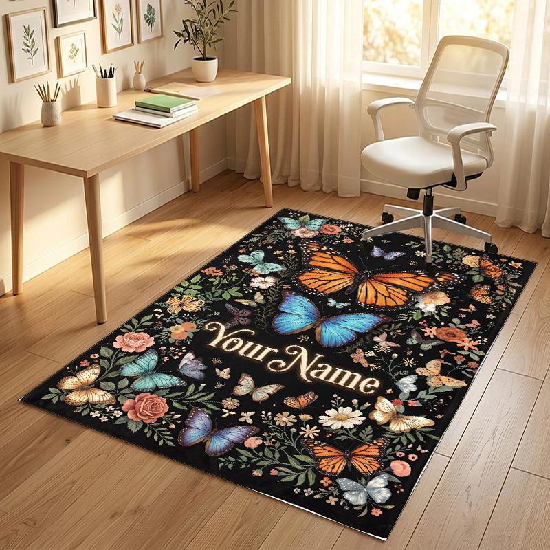 Butterflies Flowers Theme Soft Crystal Velvet Rug Custom Name & Text Print Non Slip Floor Rug for Bedroom Living Room