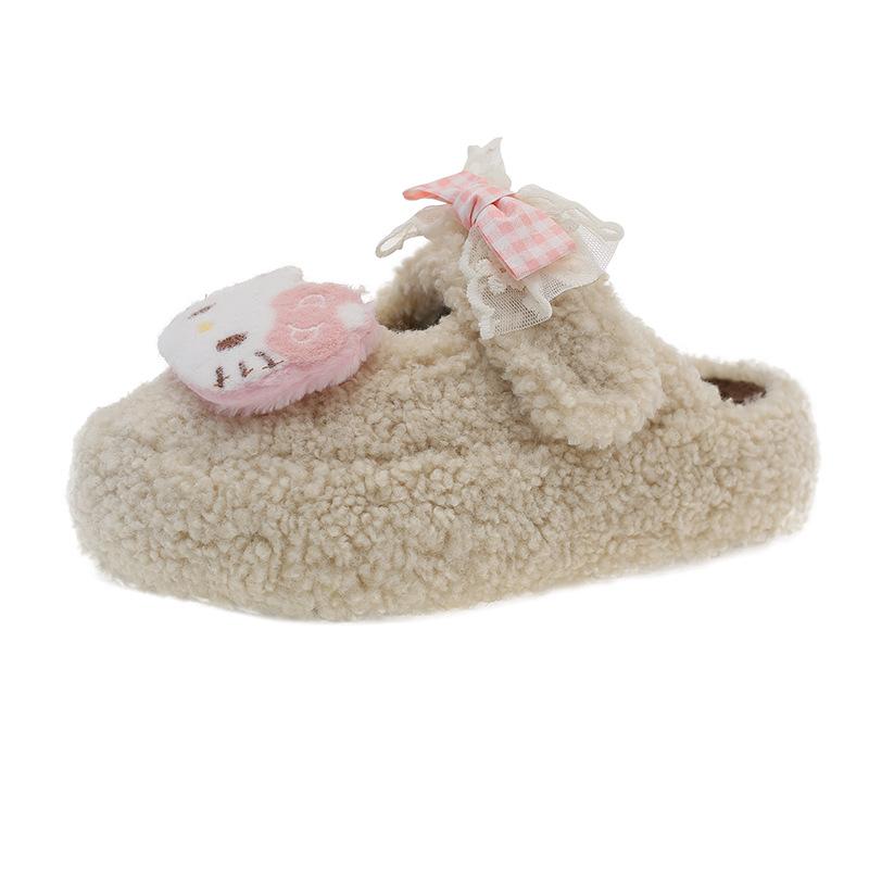 Cute cartoon KT cat fluffy slippers women's 2025 new fashionable versatile thick bottom heightening outer wear cotton slippers tide