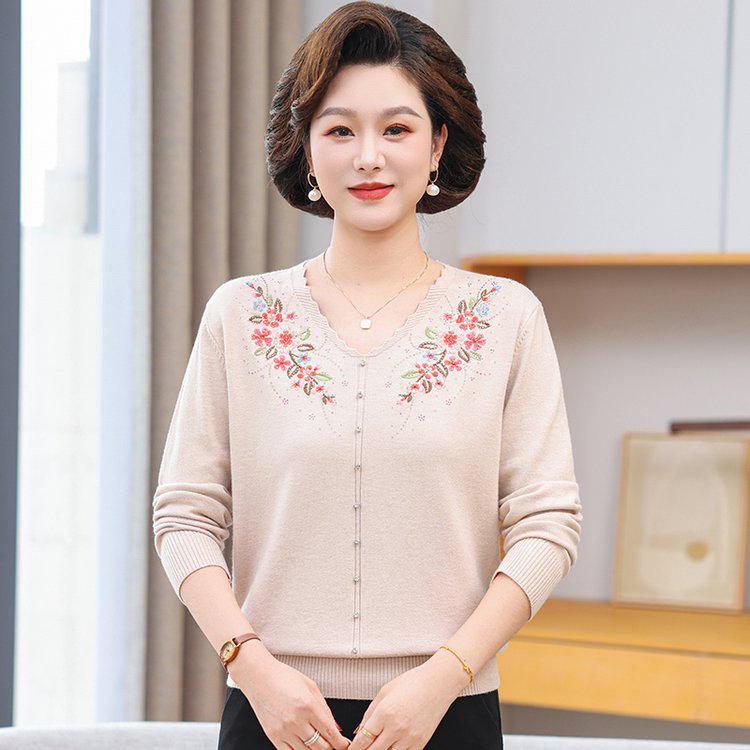 V-Neck Embroidered Knit Cardigan for Mature Women - Spring/Autumn Mother's Top