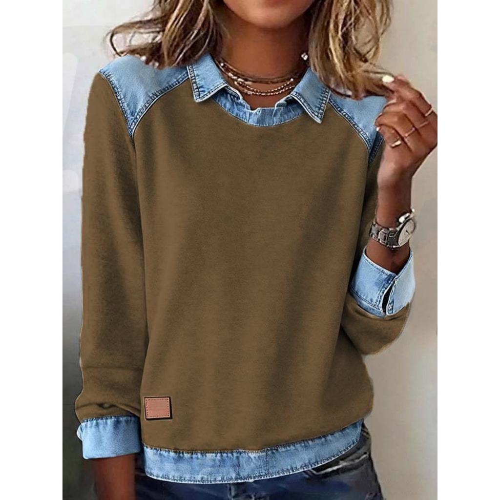 European American Women's Denim Collar Long Sleeve Pullover Spliced Knit Top, Fashion Casual Knitwear for Women