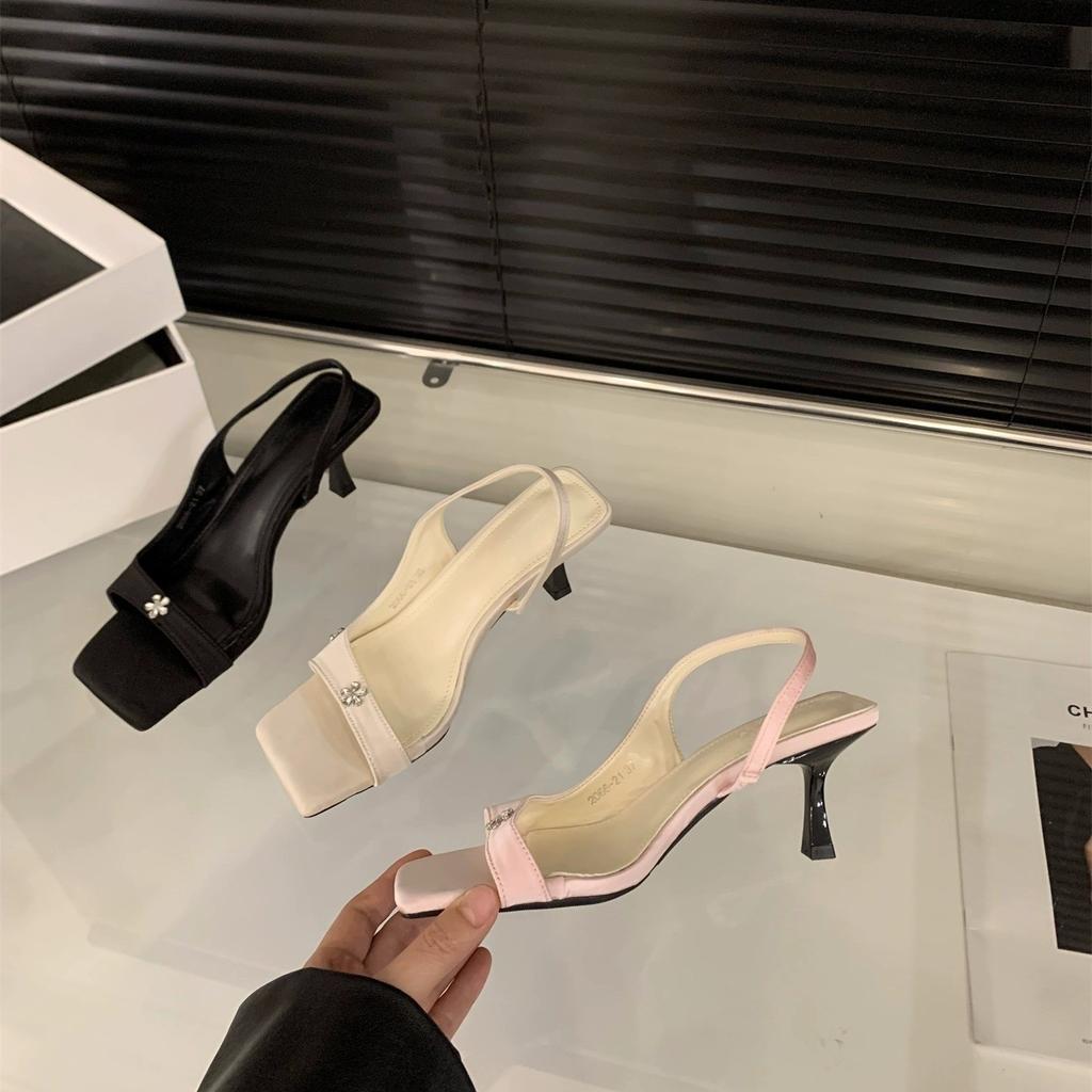 Niche Black High Heels with Sandals Fairy Shoes Temperament Rhinestone with Skirt Shoes