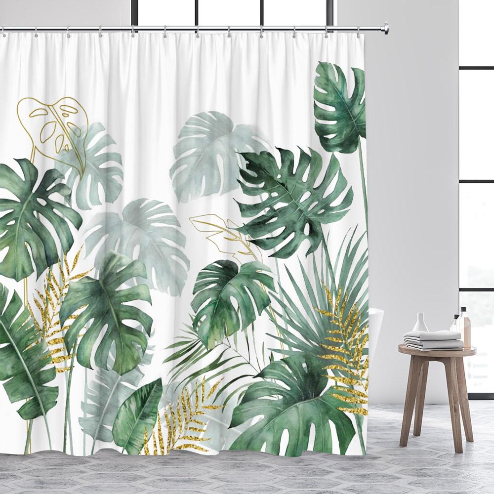 Tropical Plant Leaves Shower Curtain Hummingbird Palm Leaf Monstera Butterfly Watercolour Art Fabric Home Decor Bathroom Curta