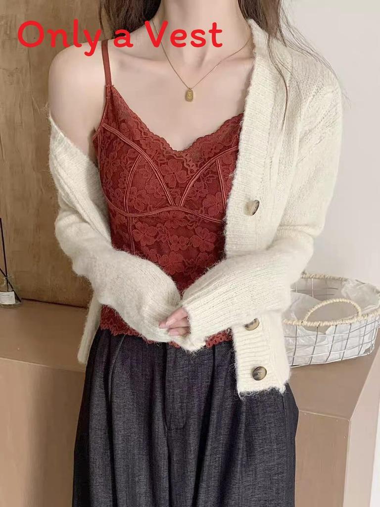 Cotton Winter Fall French Lace Camisole With Fixed Padded Cups For Women